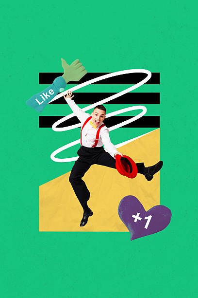 Vertical collage of popular influencer surrounded by like notifications chat symbols of social media interaction.