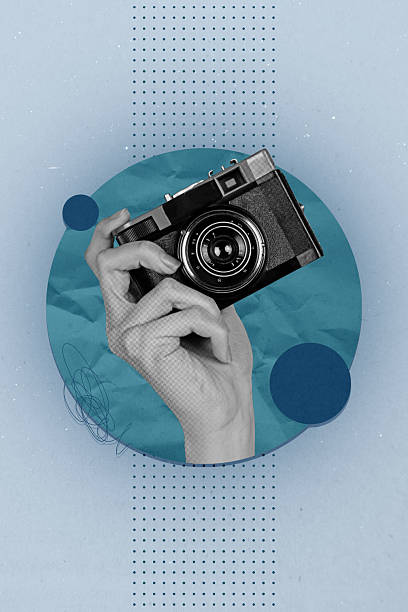 istock Template collage design trend artwork 3D sketch of arm wrist hand finger hold camera author capture hobby paparazzi hobby shot content 2248497693
