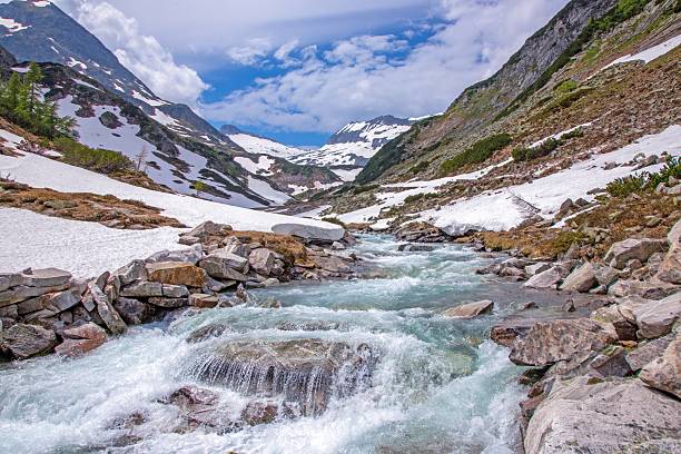 Clear alpine meltwater stream rushing over rocks through a wide snowy mountain valley under a bright blue sky.