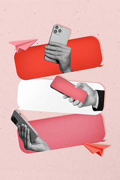 Trend artwork template design 3D collage sketch of three hand hold smartphone display paper flight origami dialog conversation speech app