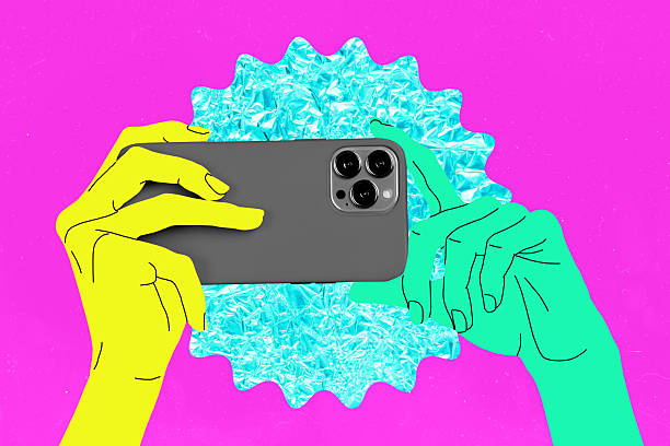 istock 3d pop image sketch art collage of human hands hold phone capture camera shooting spin blogging round pattern on pink color 2248497725