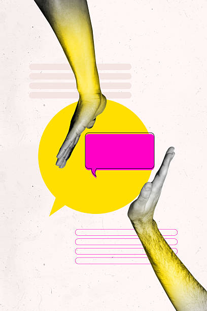 istock Vertical pop image art collage of hand show bubble communication icon speech conversation talk phrase social media message 2248497745