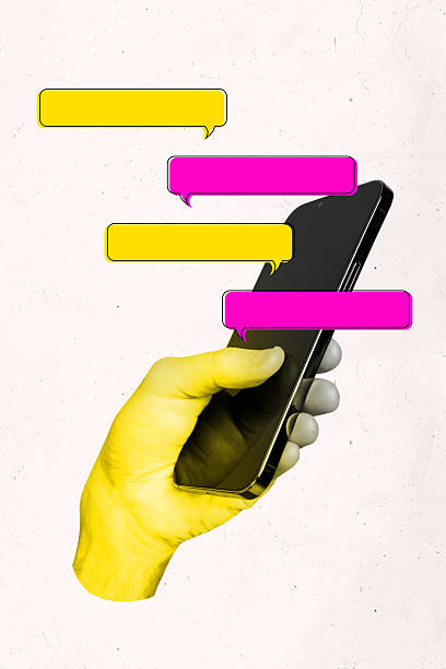 istock Vertical art trend collage of hand hold smartphone mobile device bubble communication speech messenger app notification chat 2248497807