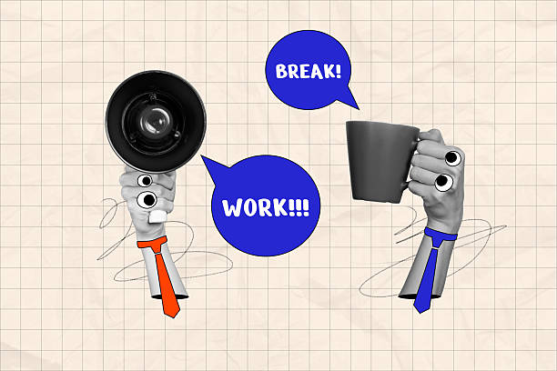 Exclusive image full artwork photo collage of human hands hold coffee cup break bubble work tension megaphone emoji sticker eyes.