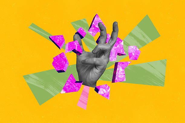 istock Full 3d image poster pop collage of huge hand gesture broke stone pieces punch kick attack strong victory demonstration protest 2248498090
