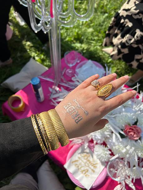 Four women come together and show their hands together as a sign of happiness, and at the same time they have rings on their fingers, which also signifies an engagement ceremony.