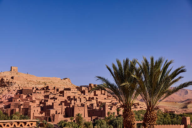 istock Ait ben haddou, a historic ksar, shows its earthen construction in the bright sunlight. Two palm trees stand in the foreground of the mountain 2248508550