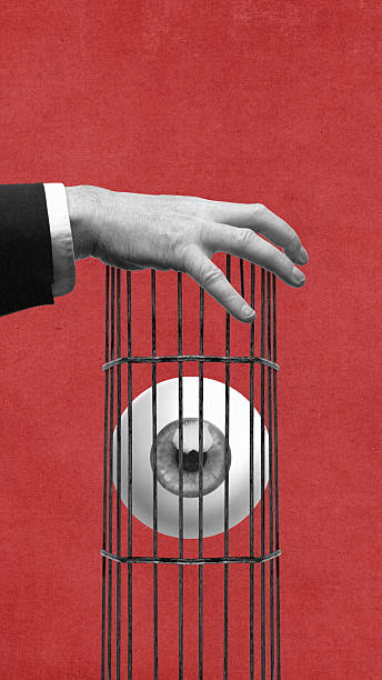 istock Contemporary collage of hand holding cage with trapped eye inside on red background. 2248510047