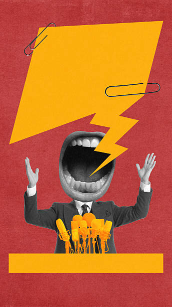 istock Surreal collage art of man shouting behind microphones with lightning bolt speech shape. 2248510048