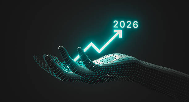 istock Futuristic Digital Hand Holding Rising Growth Chart with illuminated year 2026. 3d rendering 2248512094