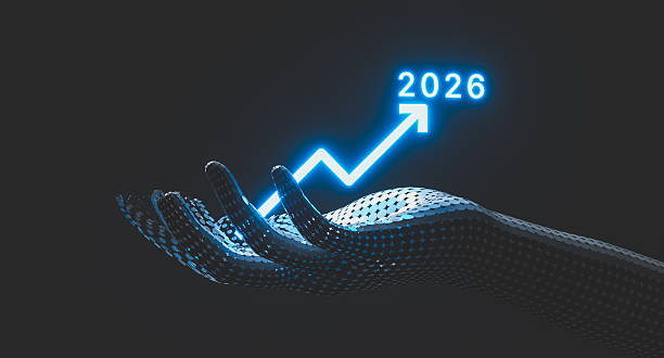 istock Futuristic Digital Hand Holding Rising Growth Chart with illuminated year 2026. 3d rendering 2248512412