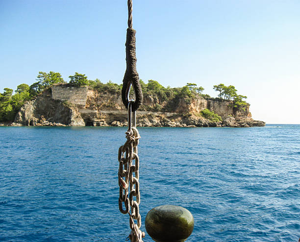 Rocky island with pines and sea caves blue water clear sky foreground chain from boat view ideal for resort tourism and cruise marketing copy space horizontal