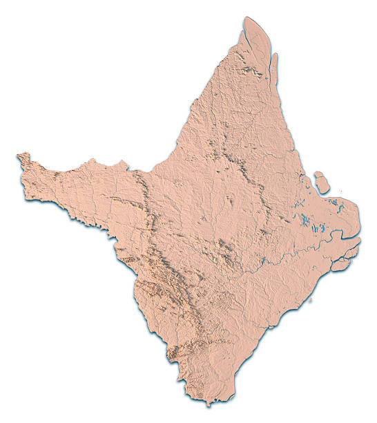 3D Render of a Topographic Map of Amapá, Brazil. Isolated on white background.All source data is in the public domain.Color texture: Made with Natural Earth.http://www.naturalearthdata.com/downloads/10m-raster-data/10m-cross-blend-hypso/Relief texture: SRTM data courtesy of NASA JPL (2020). URL of source image:https://lpdaac.usgs.gov/products/srtmgl1v003/Water texture: SRTM Water Body SWDB: https://dds.cr.usgs.gov/srtm/version2_1/SWBD/