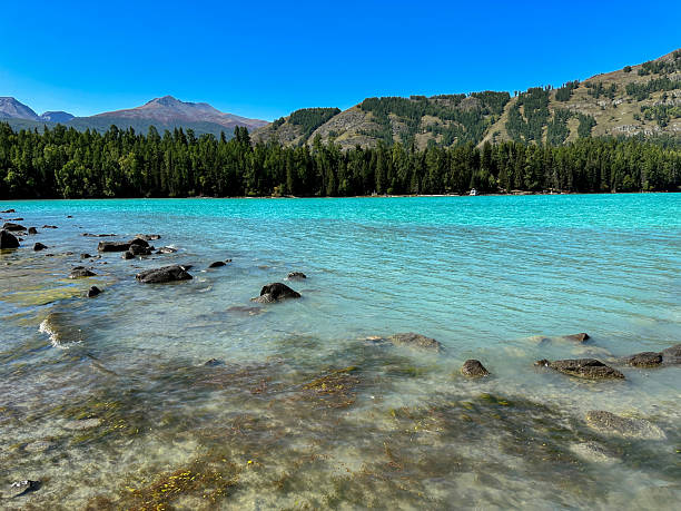 The emerald Blue Lake between the Altai Mountains