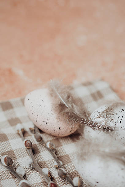 istock Close-up of pink speckled Easter egg with soft feather and willow on checkered cloth. Natural springtime composition. 2248525980