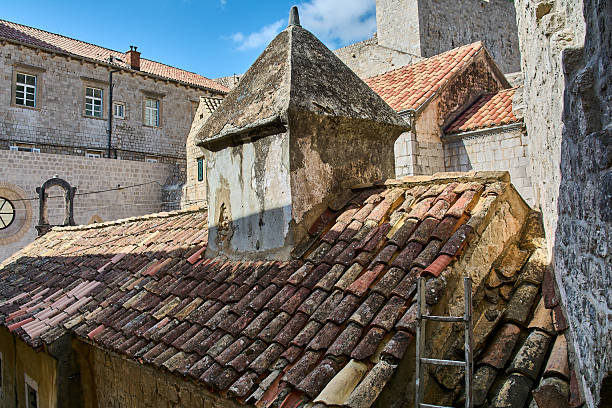 Architectural details of historic buildings inside Dubrovniks Old Town, featuring weathered rooftops and stone masonry under a blue sky.