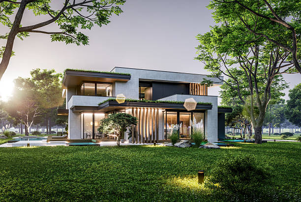 istock 3d rendering of two-story house with concrete facade in evening 2248530493