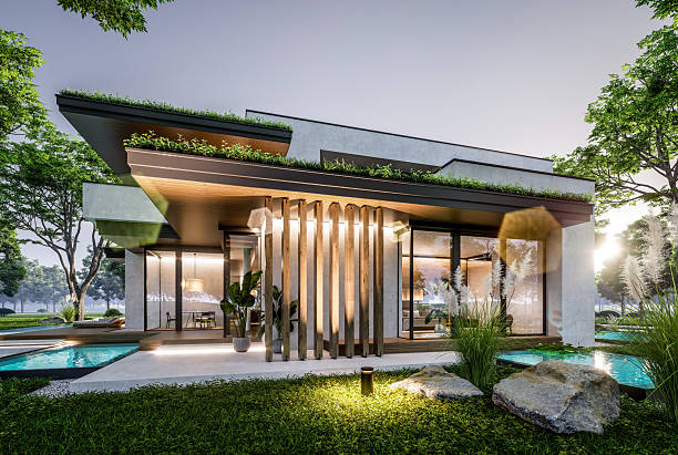 istock 3d rendering of two-story house with concrete facade in evening 2248530509