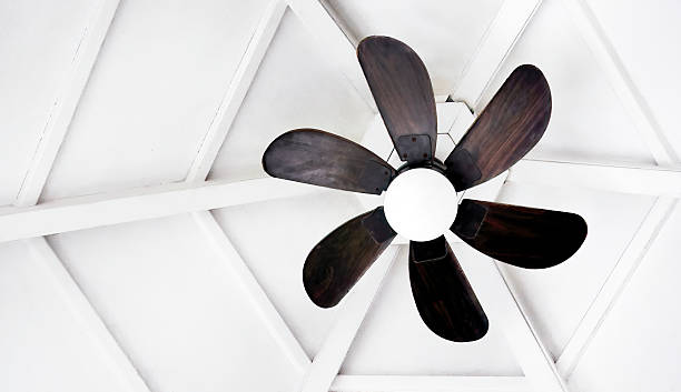 istock Vintage wooden ceiling fan on white roof structure 2248536689