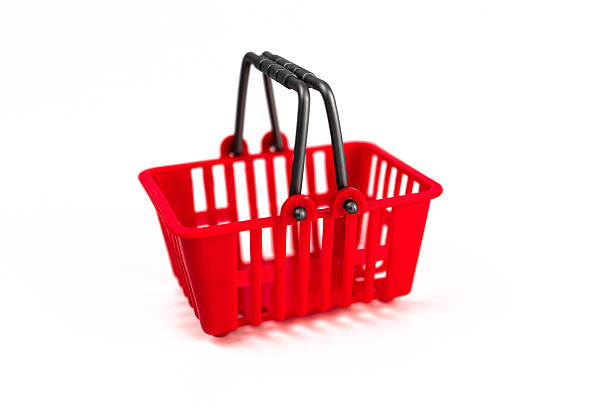 istock Isolated red shopping cart on white background, tilted slightly Online shopping, e-commerce, minimal cartoon style, casual use. m 2248539609