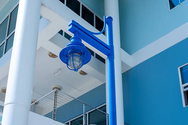 exterior of modern building and blue lamp post