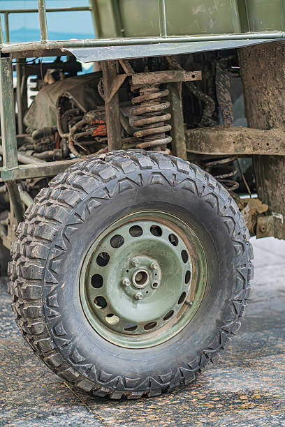 istock Close-up view of a rugged tire old, military truck type, Practical-Maximum text on utility vehicle, side angle, robust design, deep treads, large hubcap, visible bolts, even lighting 2248546110