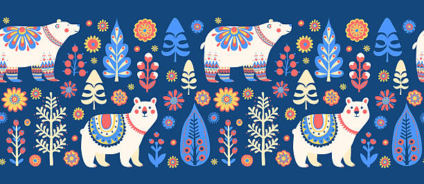 Scandinavian Polar Bears Seamless Border Pattern, Cute Nordic Winter Vector Illustration. Folk Art Bears and Trees, Colorful Repeat Design. Christmas Polar Bear on Blue Background, Cozy Holiday Print
