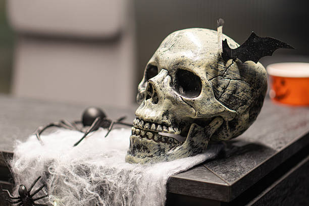 istock Halloween decoration setup featuring a plastic skull with jagged edges and multiple teeth, surrounded by cobwebs and spiders Indoor setting, possibly a home or venue Subdued lighting creating a got 2248546922
