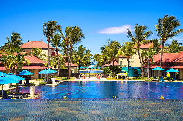 Panoramic aerial view of a beautiful sandy beach at the foot of Le Morne Brabant mountain on the island of Mauritius