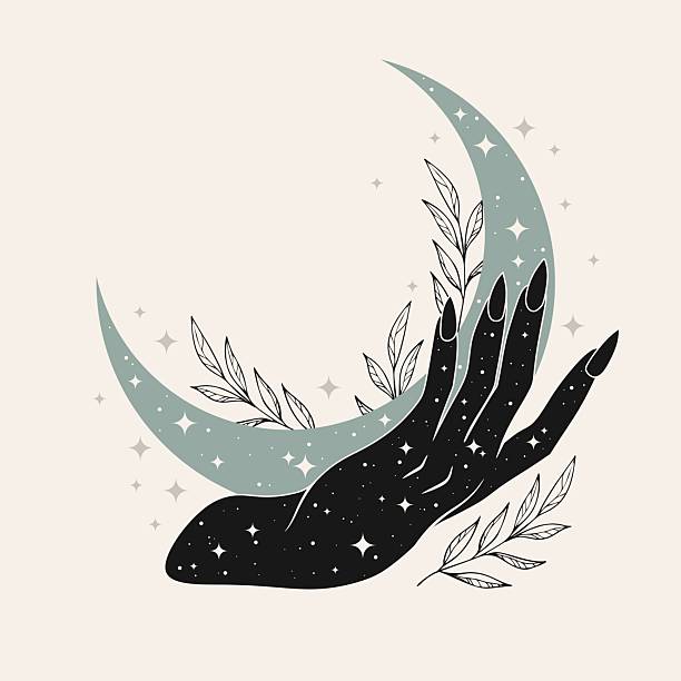 istock Magical poster with crescent and herbs. Stars, woman hand. 2248553805
