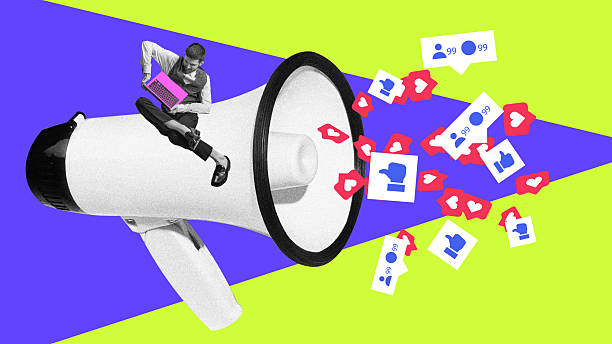 Digital artwork. Man sitting on huge megaphone with like icons flying out.