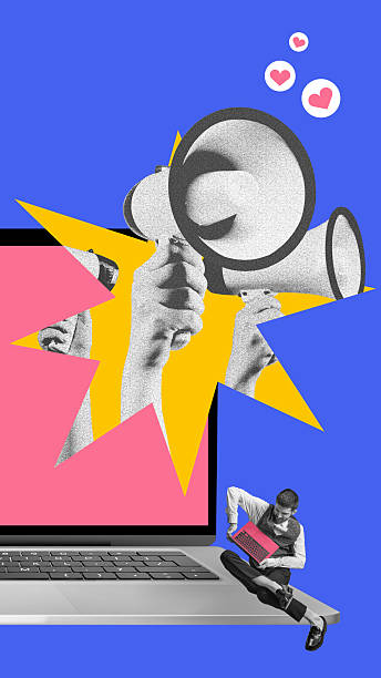 istock Textured collage. Laptop launches reaction icons through oversized megaphone while man types 2248555230