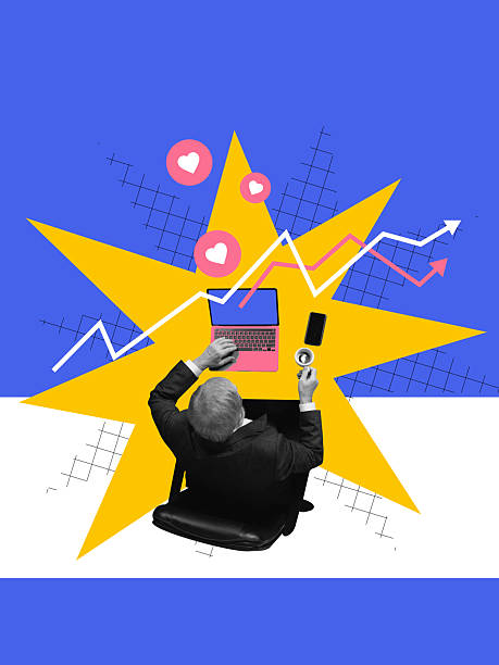 istock Expressive collage. Man at desk with charts rising from screen and hearts above. 2248555283