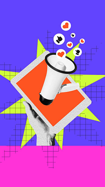 istock Abstract artwork. Hand holding tablet with megaphone sending out icons 2248555290