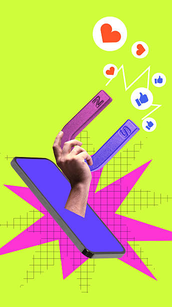 istock Energetic collage. Hand reaching magnet out of smartphone pulling likes icons. 2248555297