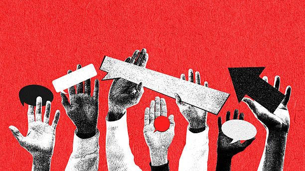 istock Energetic artwork of raised hands holding arrows and speech shapes 2248558556