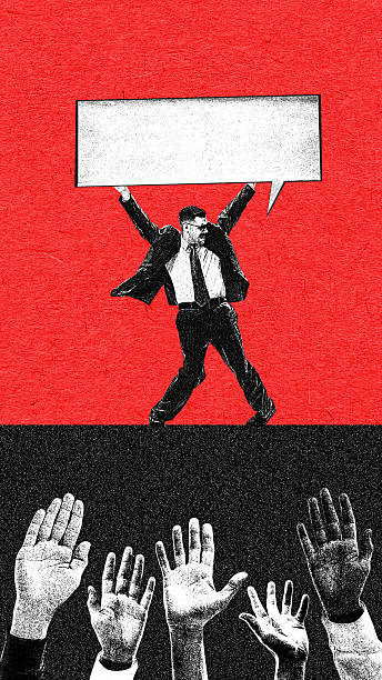 istock Creative bright poster of businessman holding large speech bubble as crowd raises hands 2248558575