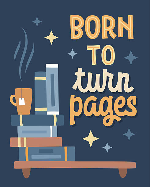 Born To Turn Pages. Features simple script and decorative sans serif lettering. Decor elements include a stack of books and a teacup. The color palette consists of navy, brown, and soft pastels.