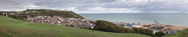 Rural coastal panorama at Hastings Kent. Hills and Atlantic Ocean