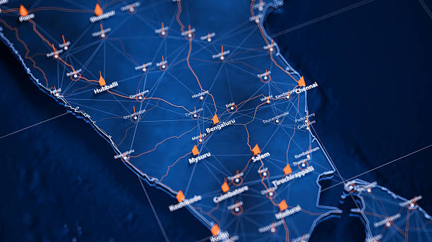 Bengaluru map big data visualization. Futuristic map infographic of city in India. Visual map data complexity in modern blue and orange colors