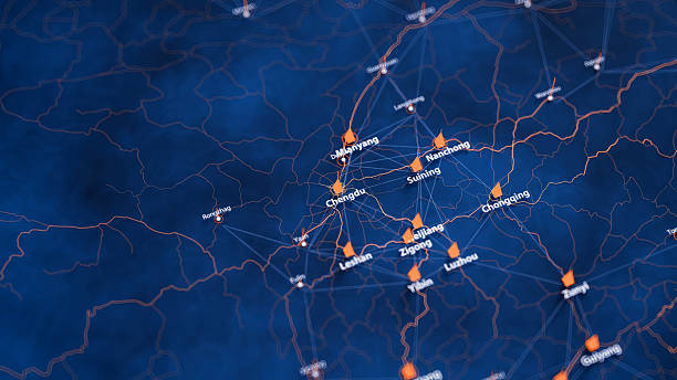 istock Chengdu map big data visualization. Futuristic map infographic of city in China. Visual map data complexity in modern blue and orange colors 2248563009