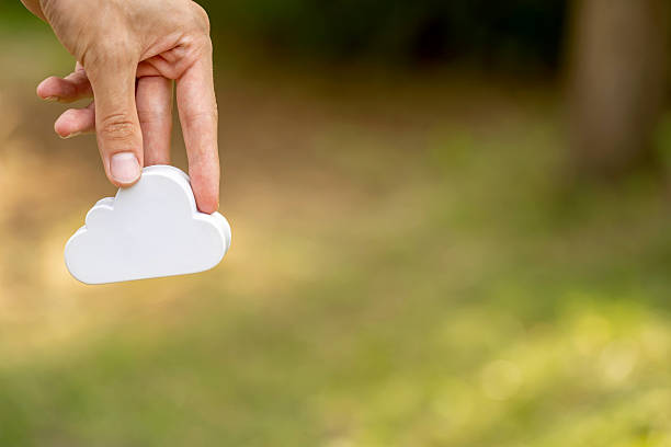 istock Hand holding a white cloud icon model outdoors on blurred green background, copy space, cloud computing online storage data backup sync and sharing service concept, space for text ad slide background 2248565869