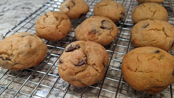 istock Freshly Baked Chocolate Chip Cookies on Wire Rack, Eye-Level View 2248571389
