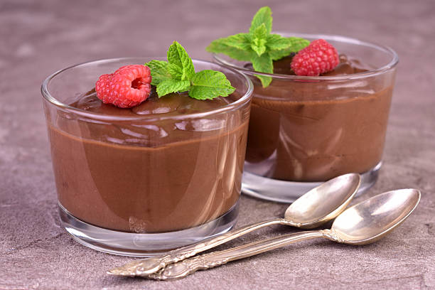 istock Chocolate mousse with raspberries in glass cups on a gray background.Close-up. 2248575665