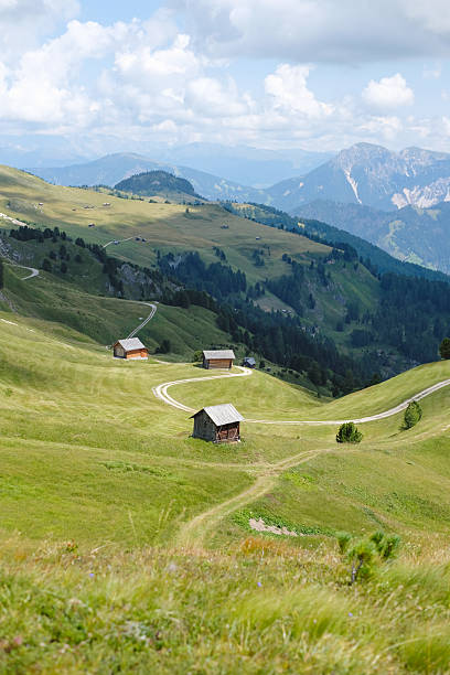 Alpine meadow and mountain hut in summer, Dolomites
