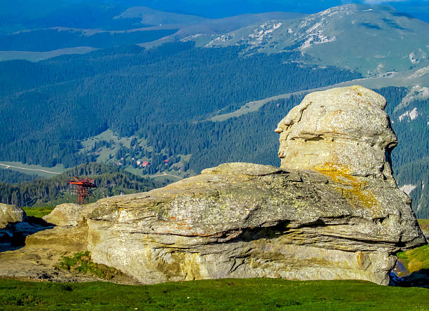 Bucegi Mountains in Romania with summer green slopes, rocky cliffs, high plateau, clear sky, scenic landscape, natural terrain, outdoor environment, Carpathian range, travel nature panorama in daylight.