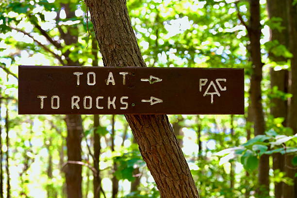 A wooden sign affixed to a tree shows the direction of the Appalachian Trail and Bear Rocks Overlook near Bluemont, Virginia, USA.