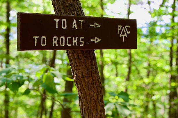 A wooden sign affixed to a tree shows the direction of the Appalachian Trail and Bear Rocks Overlook near Bluemont, Virginia, USA.