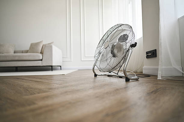 istock Portable electric fan cooling modern living room interior 2248586113
