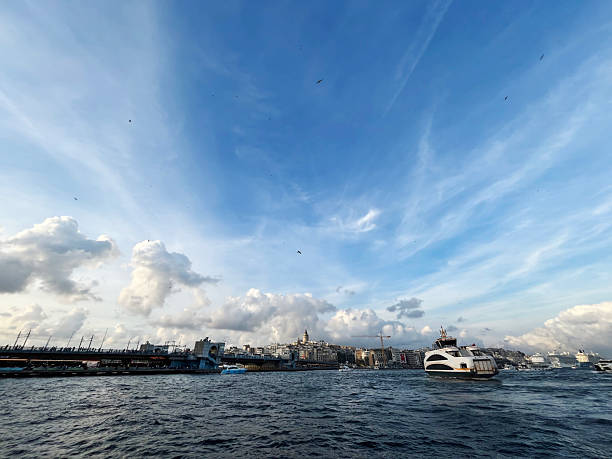 Karakoy Coastline, Galata Bridge and behind Galata Tower from Eminonu Port in Istanbul, Turkey.